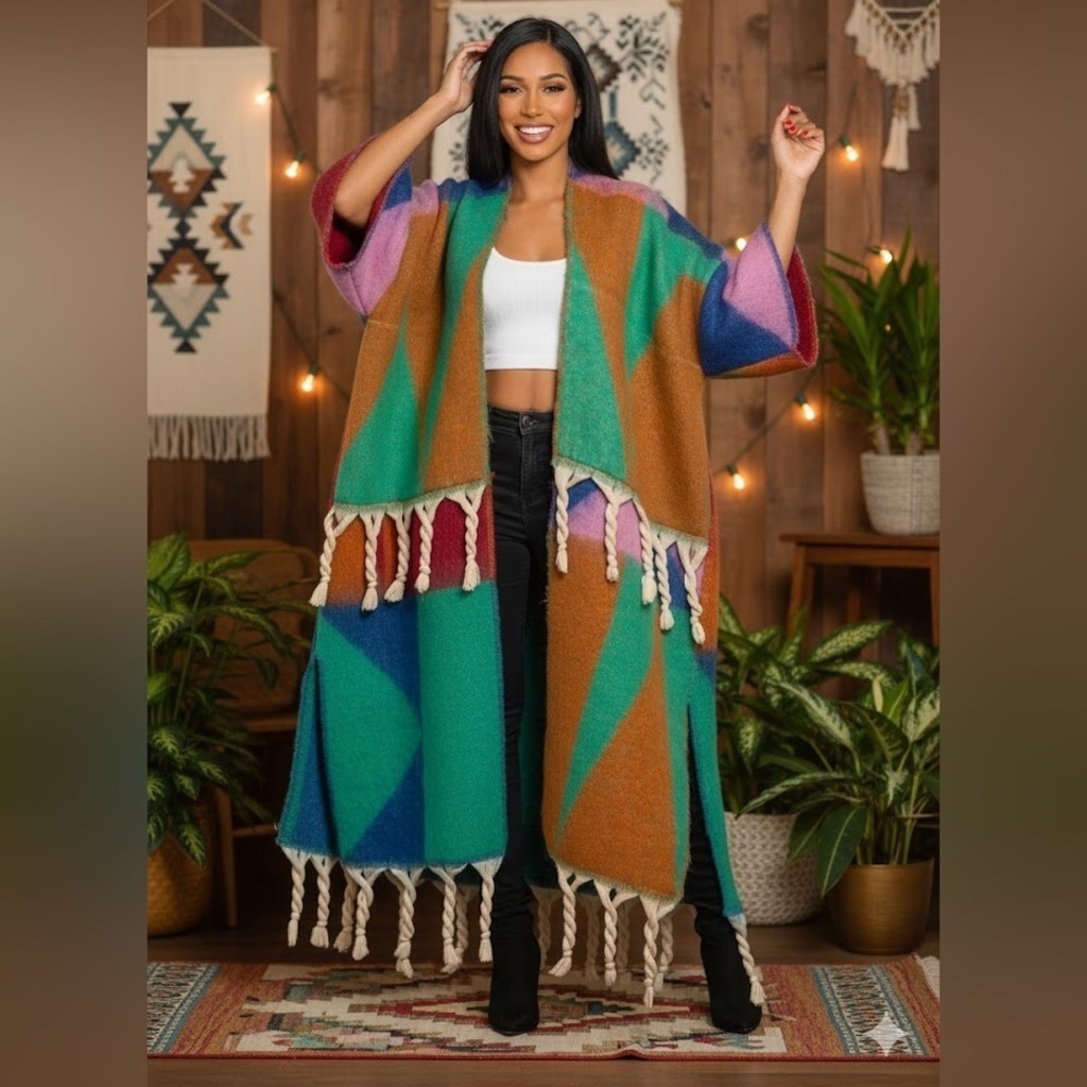 Colorful Geometric Patterned Sweater with Fringe
